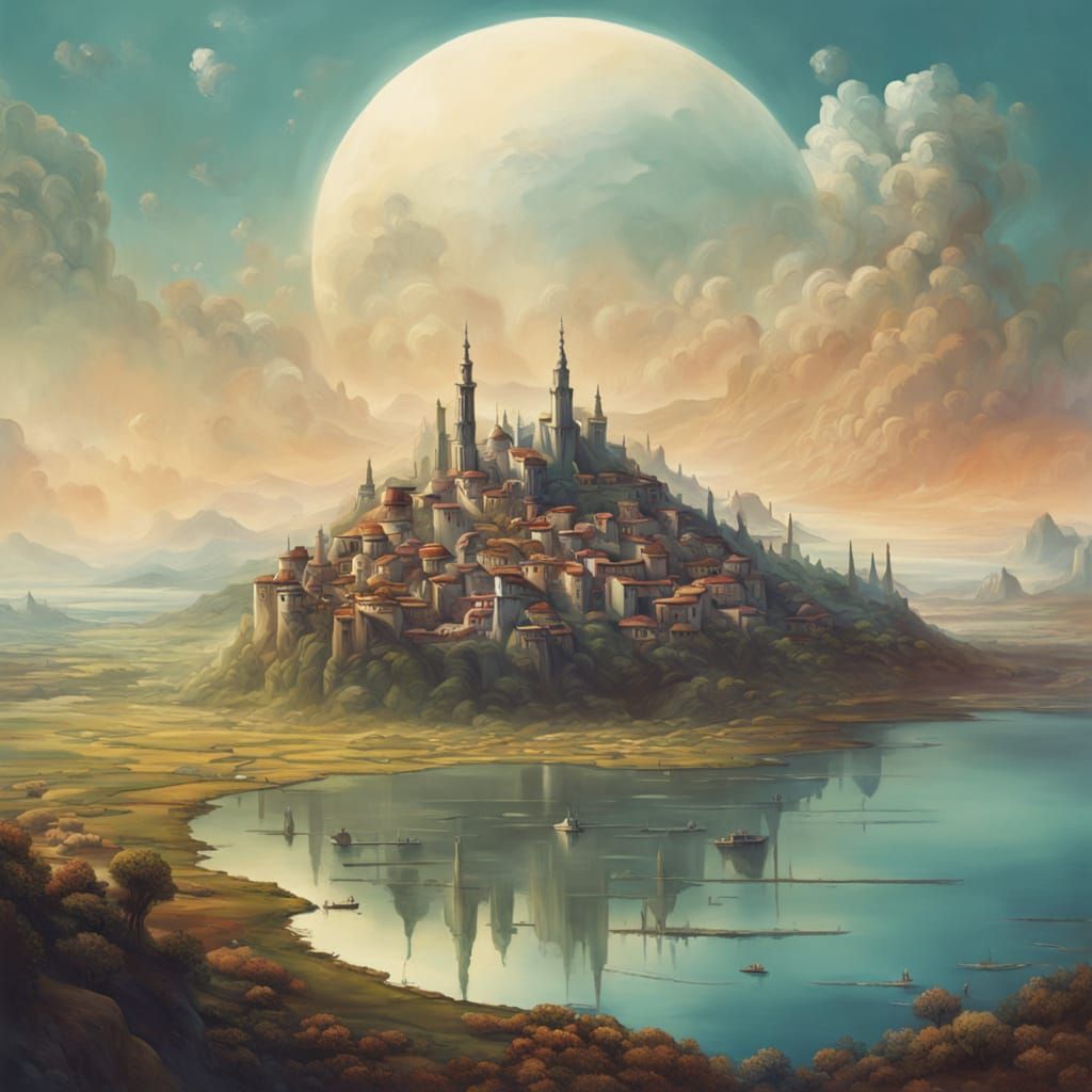 Surreal Village in Fertile Valley by Vast Water