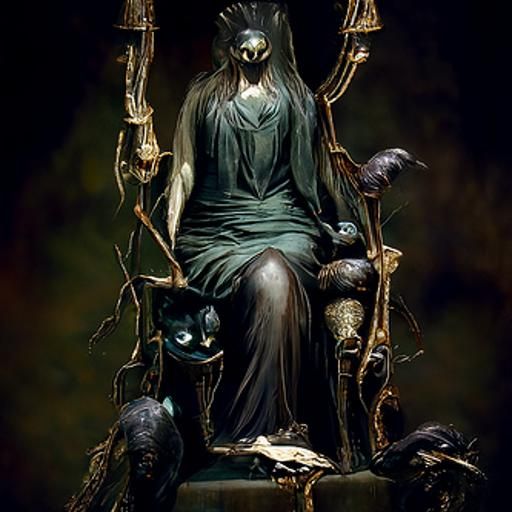 Hecate on Throne with Cats and Nightingales