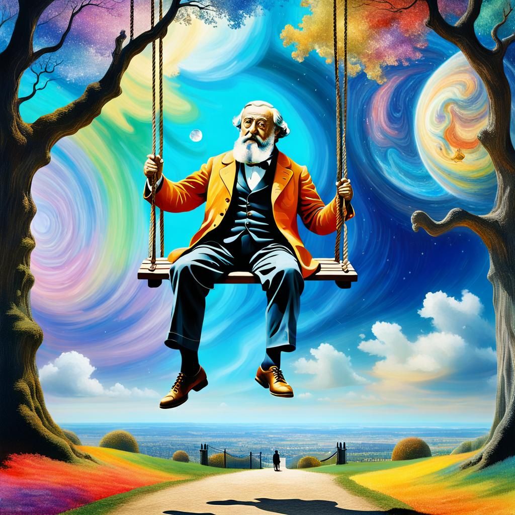 Galileo on a Swing: A Surreal Monet-Inspired Composite