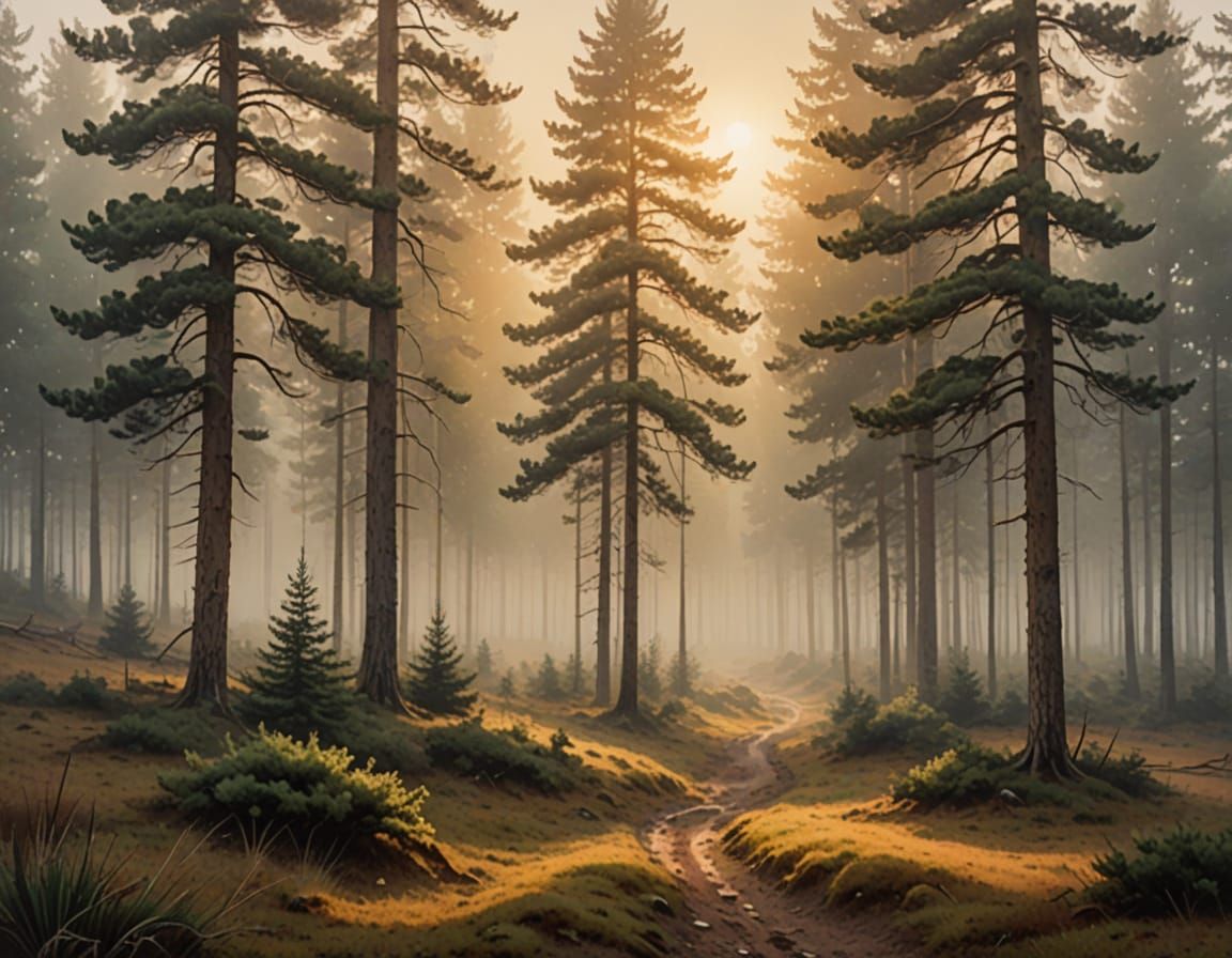 Atmospheric Pine Forest Painting in Moody Impressionism