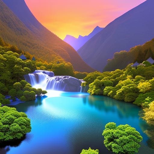 Vibrant Forest Celebration at Sunset: 3D Digital Art