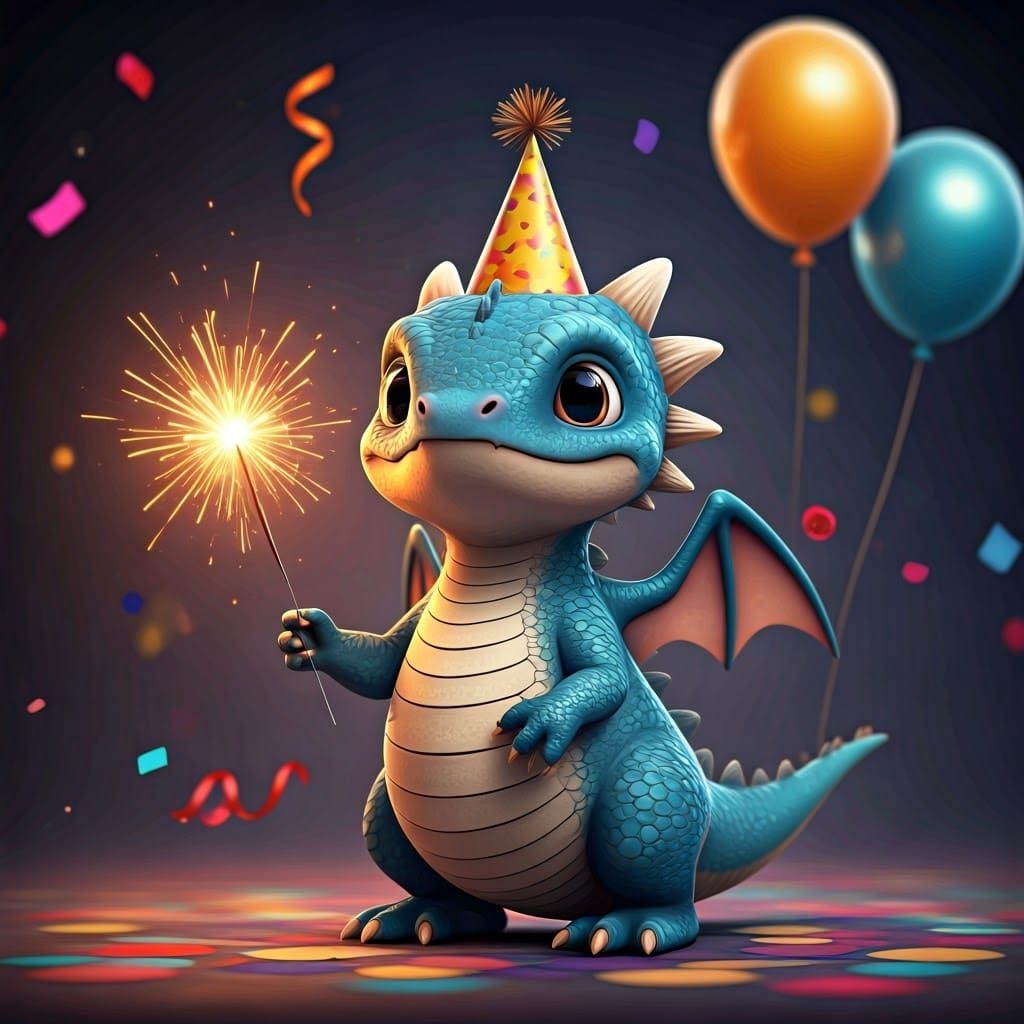 Blue Dragon Celebrates New Year with Sparkler and Confetti