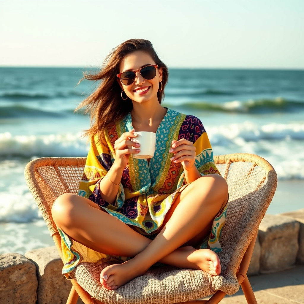 Joyful Woman in Colorful Jelaba by the Sea