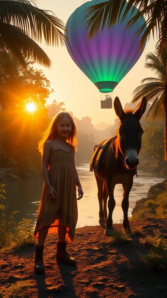 Girl and Donkey in Jungle Twilight: Cinematic 3D Render