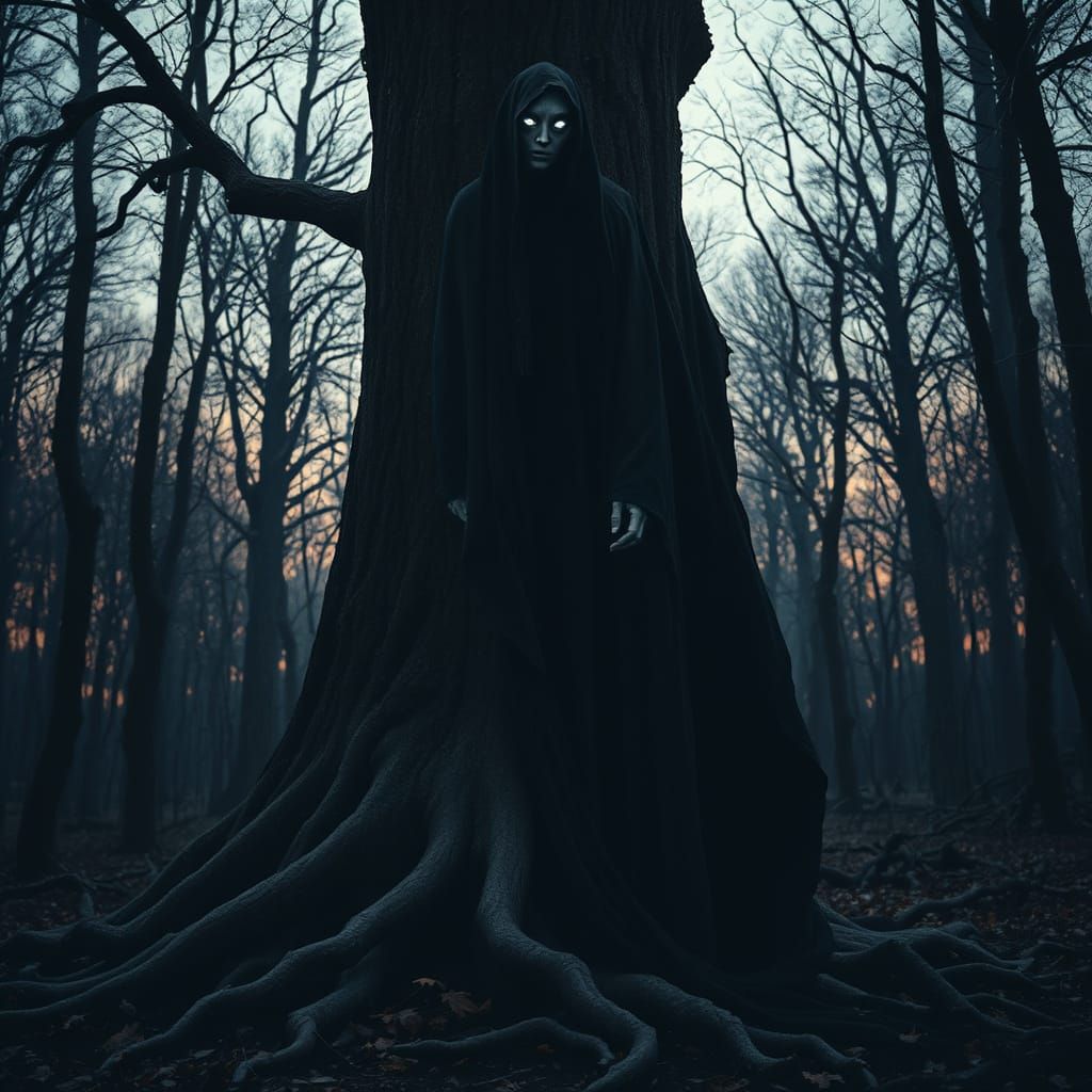 Ominous Shadow Figure in Eerie Forest at Dusk