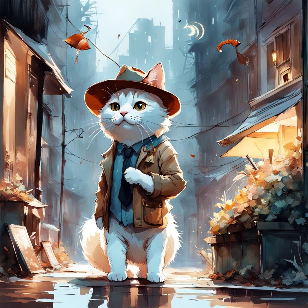Chibi Cat Detective in Watercolor Cityscape