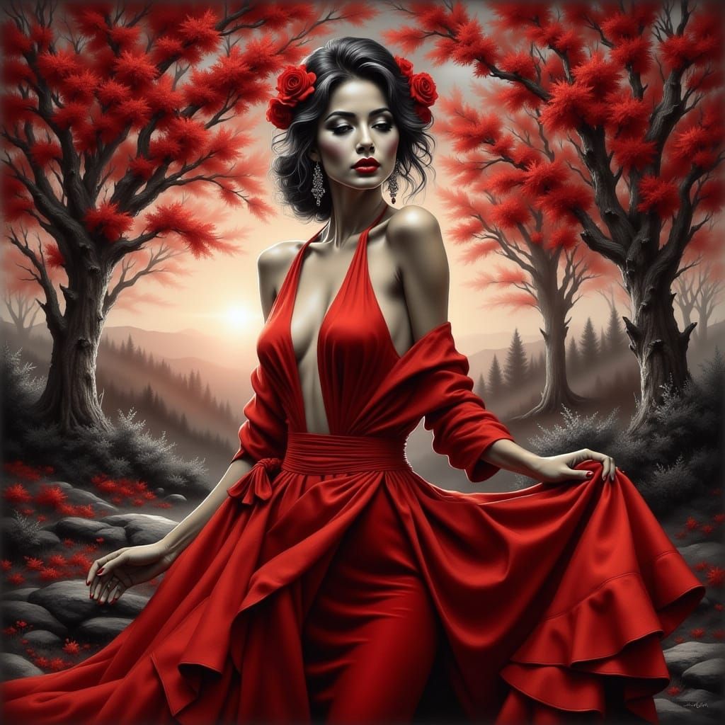 Elegant Woman in Red Dress at Sunset, Oil Painting