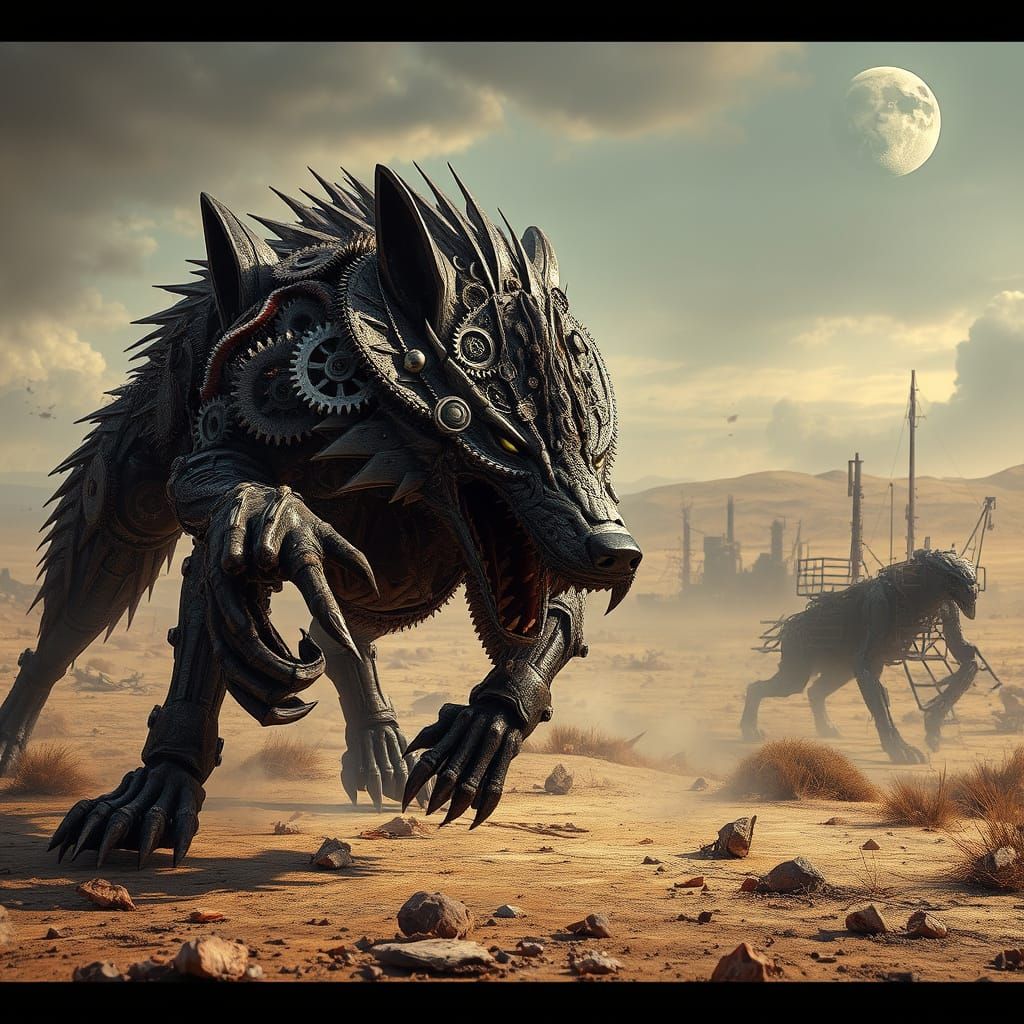 Mechanical Wolf in Post-Apocalyptic Wasteland