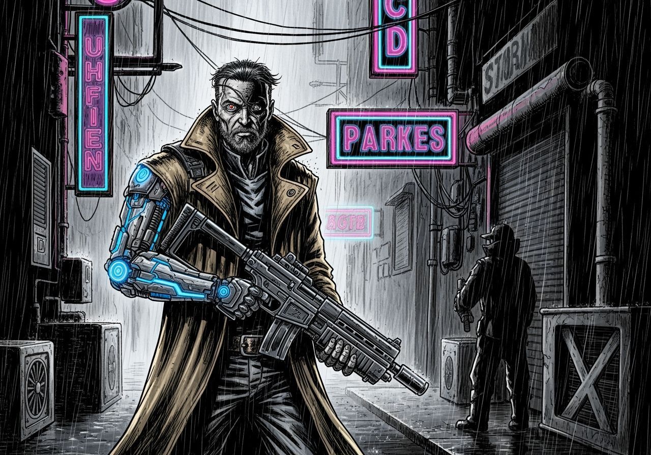 Cyberpunk Mercenary Guarding Rainy Alley