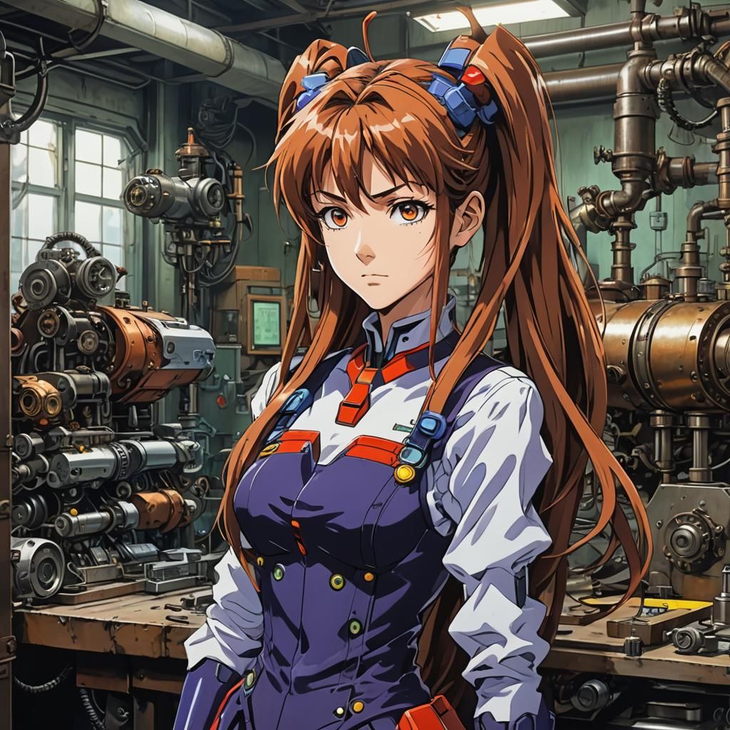 Evangelion-Style Girl at Steampunk Workbench