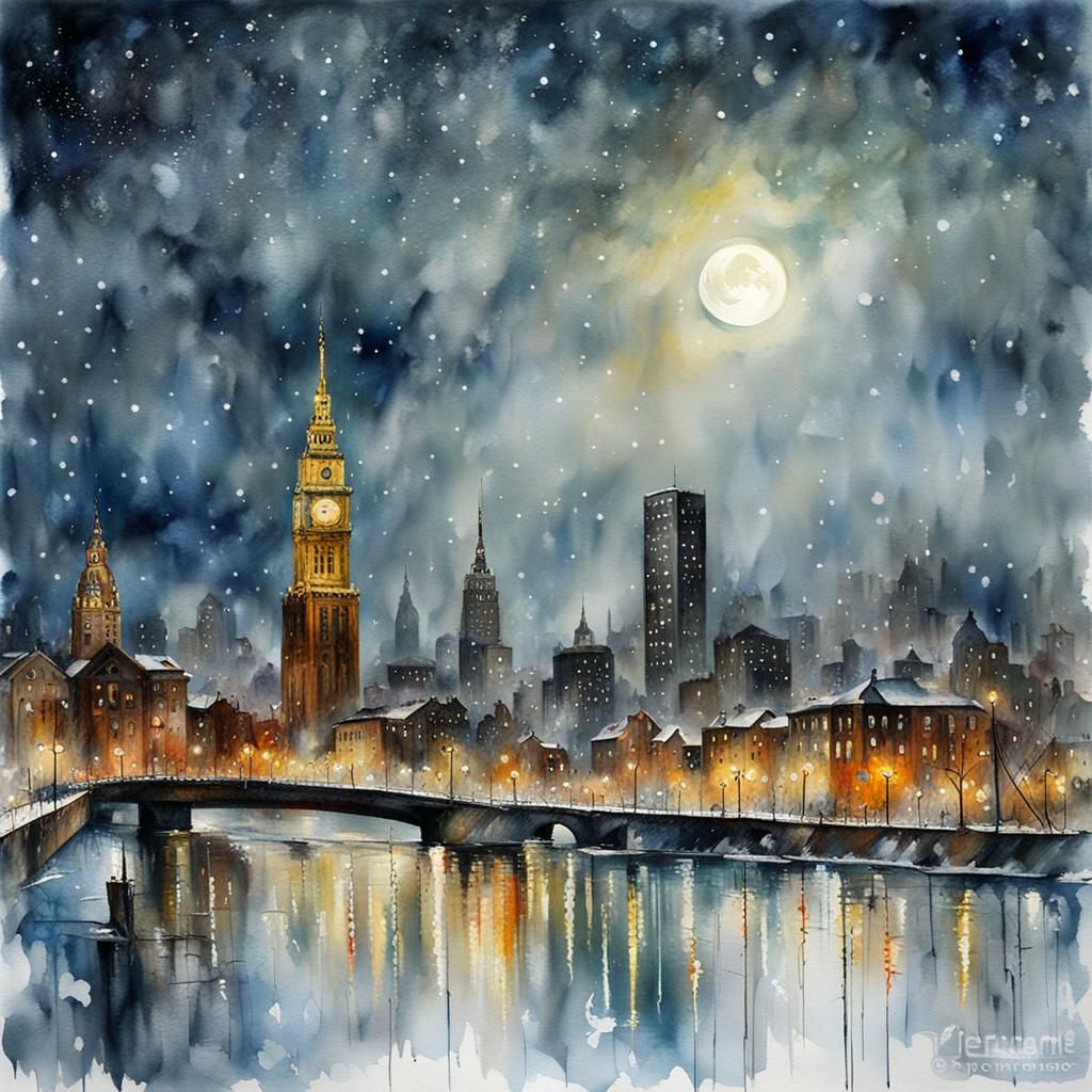 Melancholic Snowy Cityscape Under Starry Sky