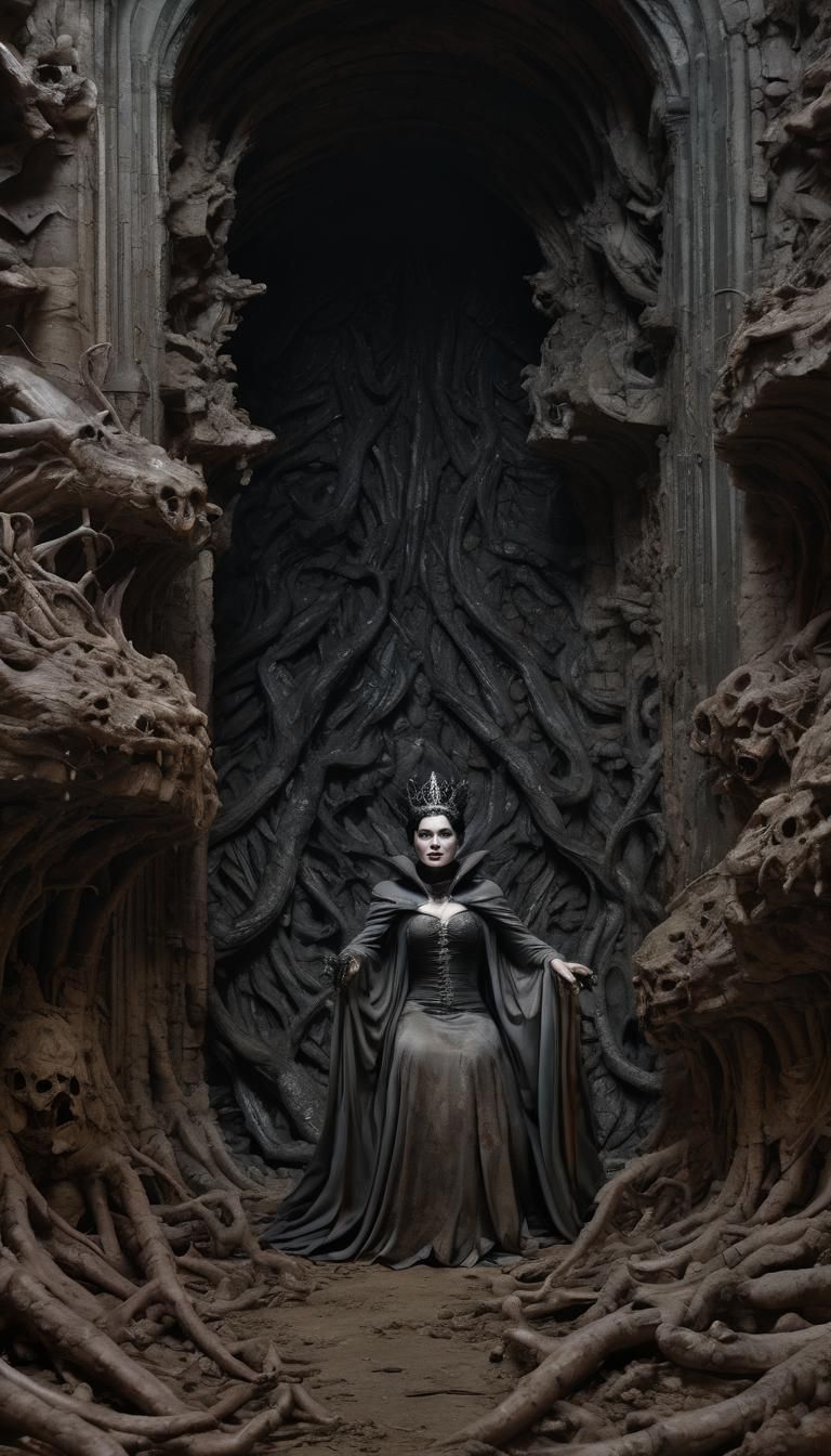 Gargantuan evil (Queen:1.3), vast butchery ruins of sharp focus, porcupine viper, realistic skin, foul #film with intend...