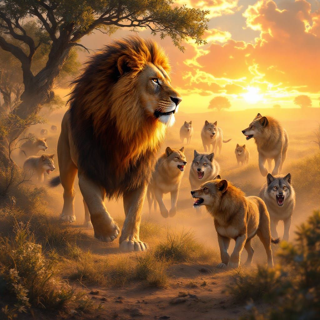 Lion Protects Pride From Wolves on Savanna