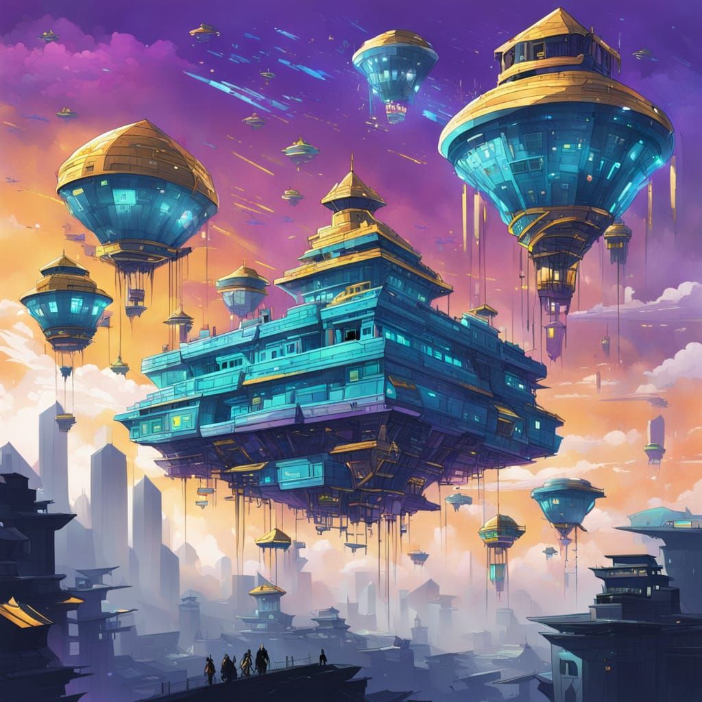 Vibrant Sky Fortress Concept Art in Digital Style