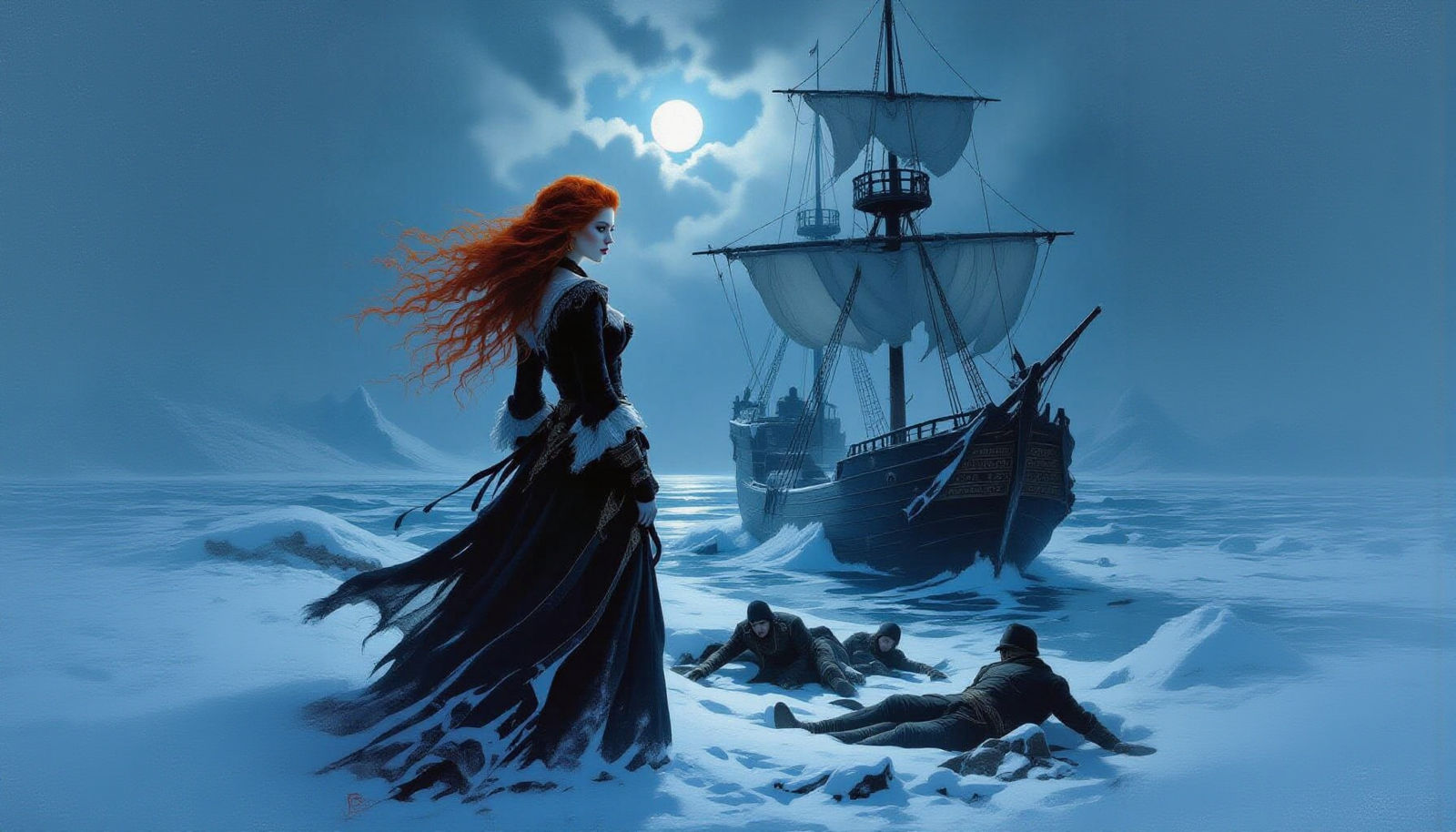 Ghostly Pirate Woman in Icy Arctic Night
