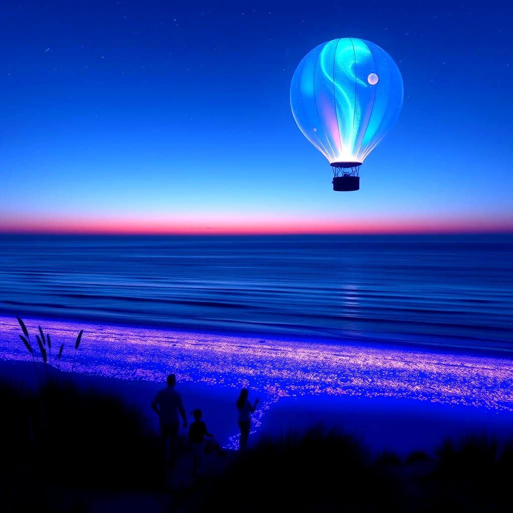 Dreamy Blue Sandy Beach at Dusk with Glowing Pebbles and Hot...