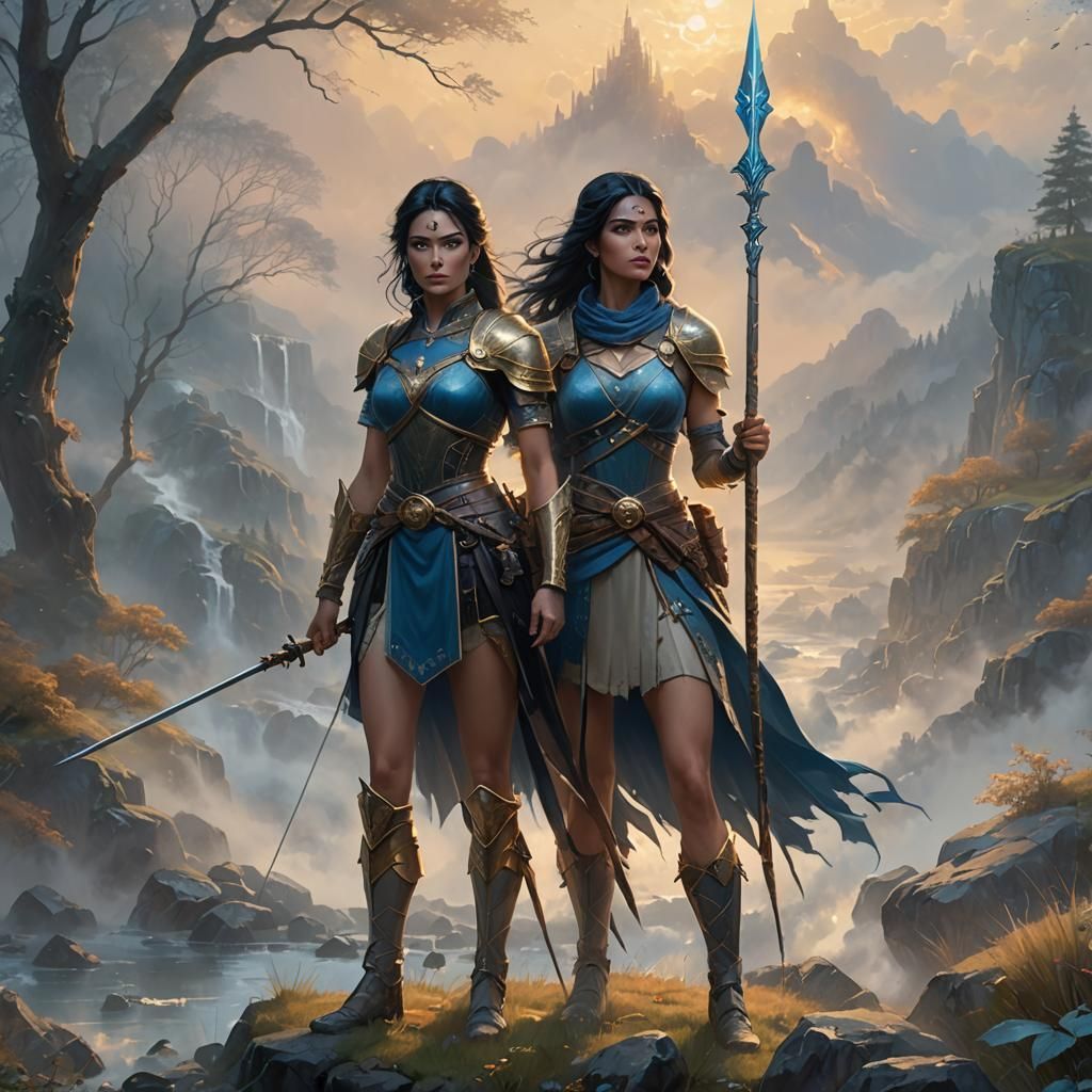 Ethereal Woman Warrior in Misty Landscape