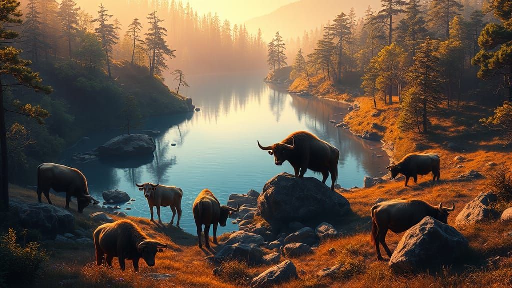 Golden Lake Forest with Aurochs, in Dark Fantasy Style
