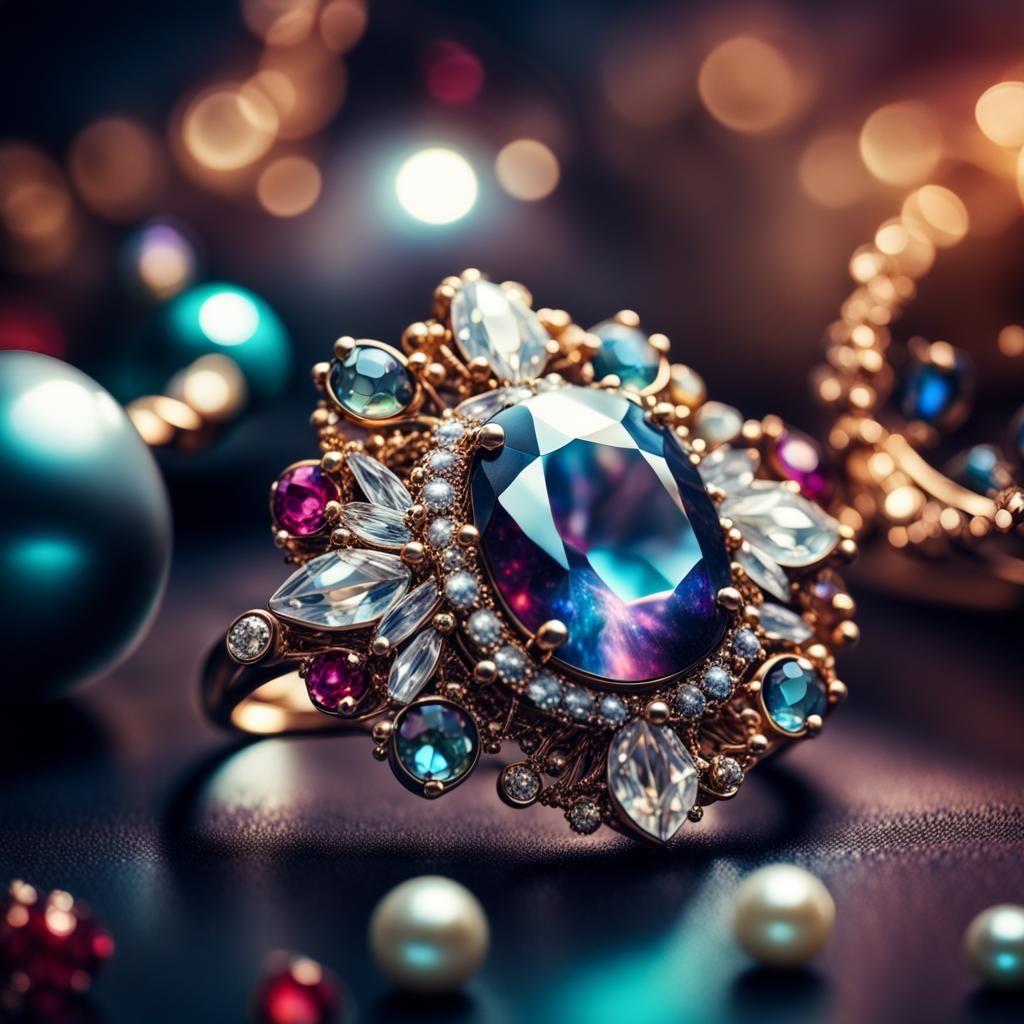 Hyperrealistic Jewelry with Gems, Pearls, and Galaxies