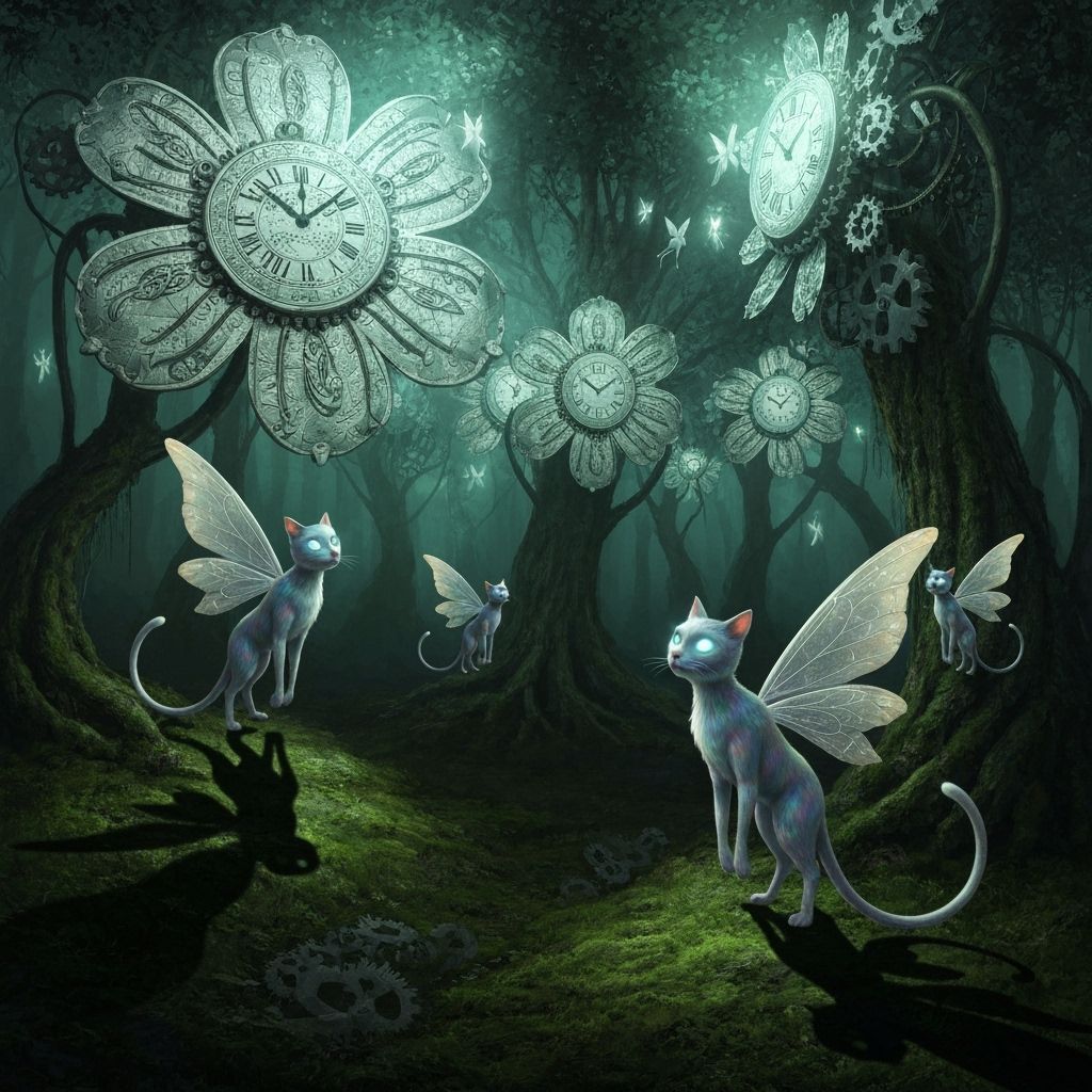 Mysterious Steampunk Glade with Cat Fairies at Night