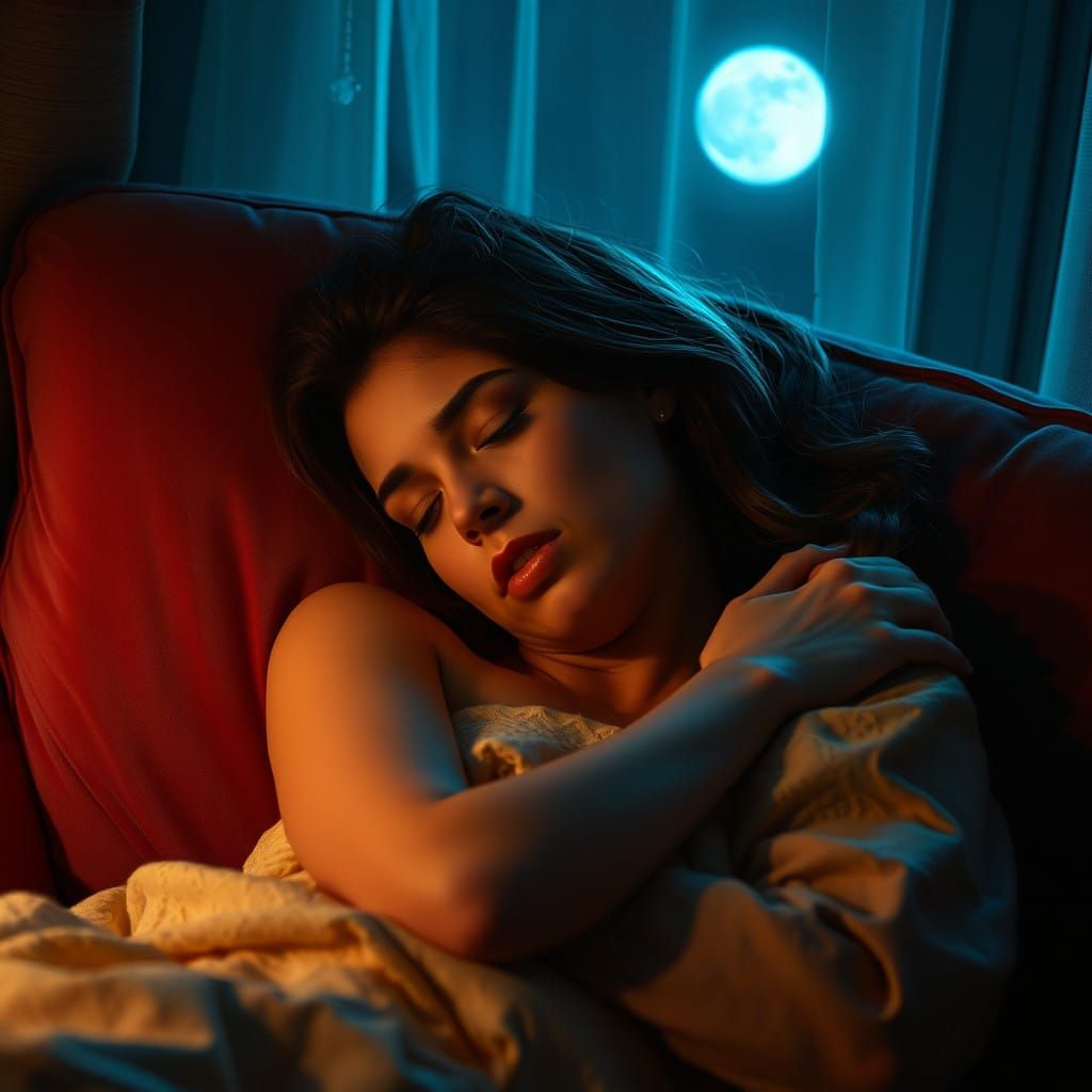 Serene Woman Basks in Moonlit Ambiance on Plush Sofa