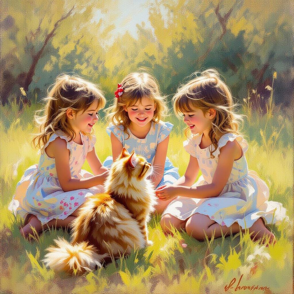 Girls Playing with Cat in Impressionistic Oil Painting Style