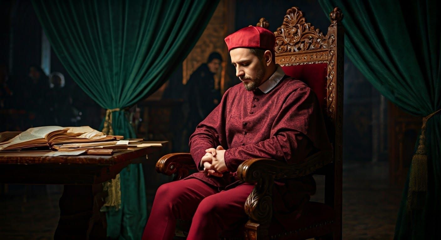 Elegant Man in Crimson Robe, Contemplative in Ornate Study