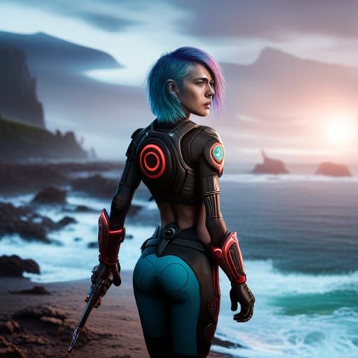 Cyberpunk Woman with Blue Hair on Coast