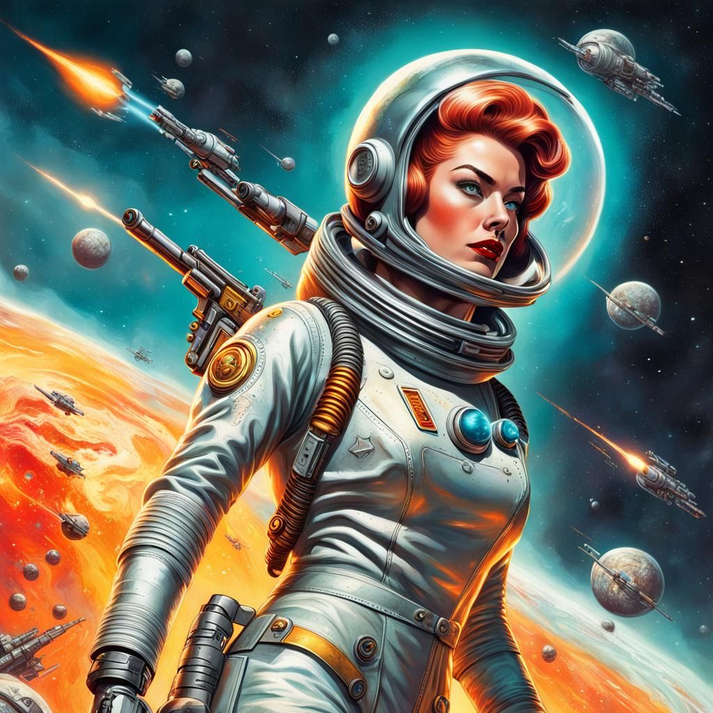 Atompunk Space Girl with Ray Gun, 1950s Poster