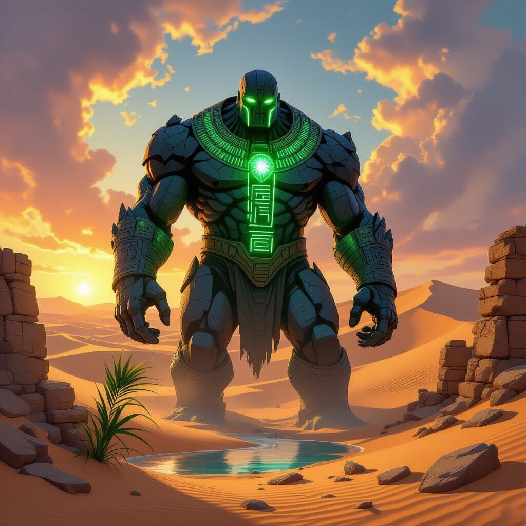 Obsidian Golem Guards Desert Oasis with Egyptian Ruins