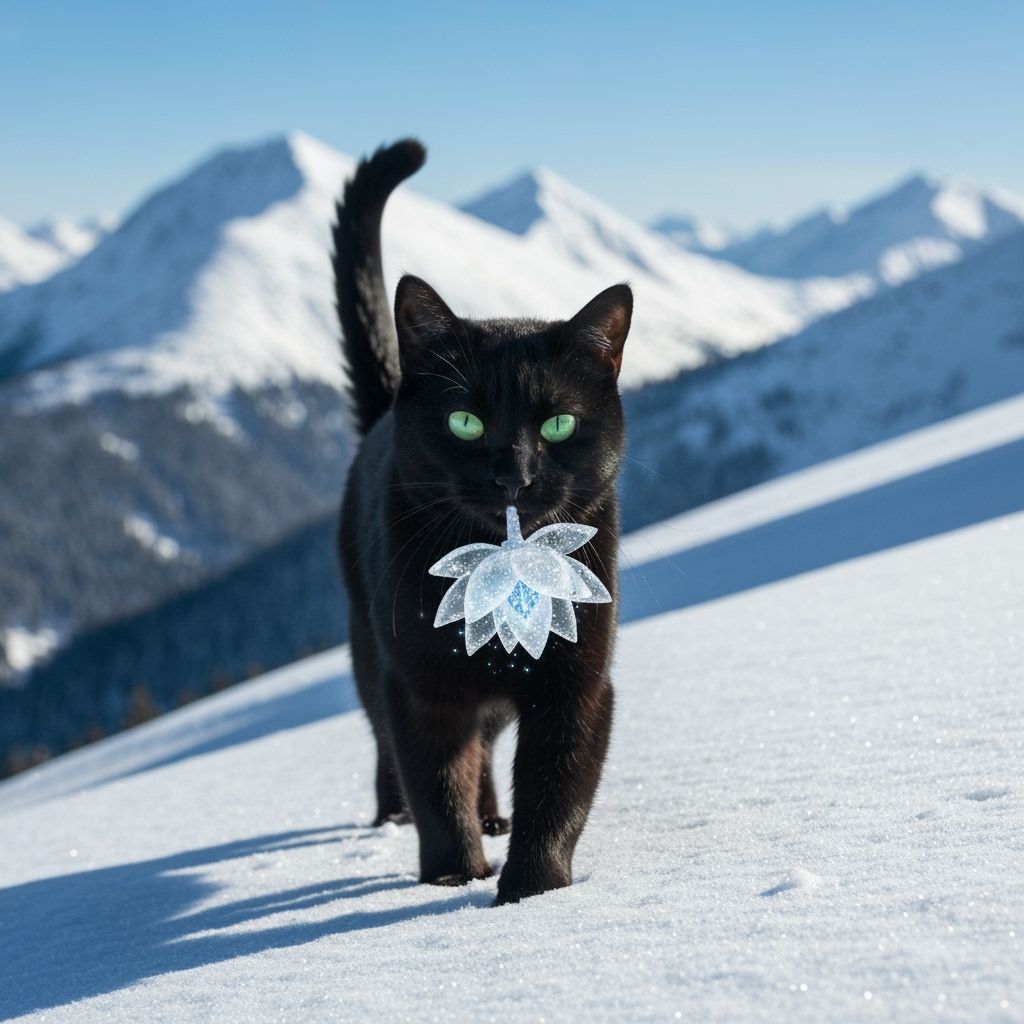 Black Cat with Ice Flower on Snowy Peaks