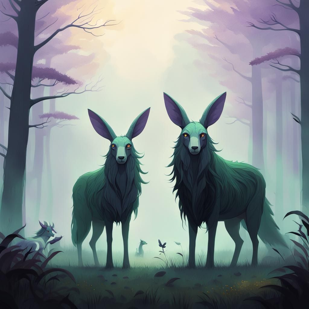 Whimsical Forest Creatures in Atmospheric Landscape