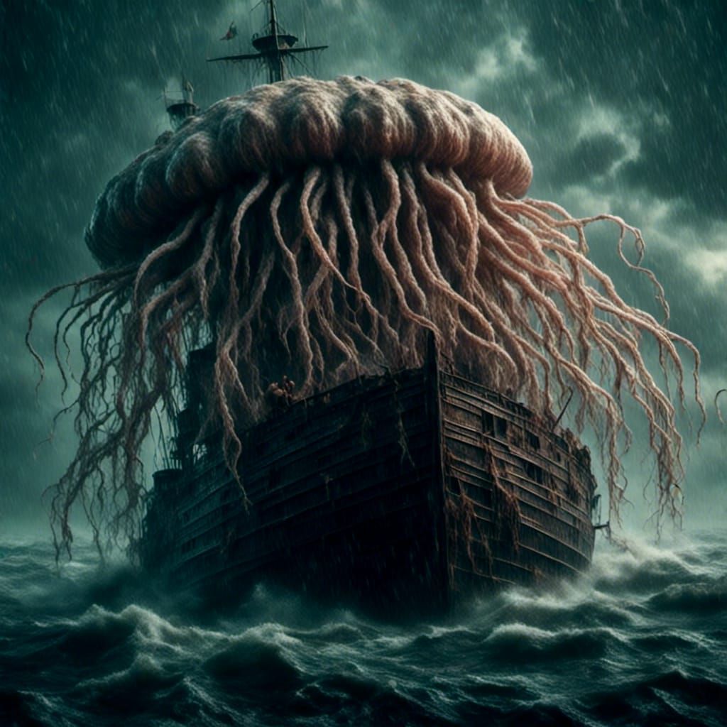 Monster Jellyfish Crushing Ship in Dark Fantasy Style