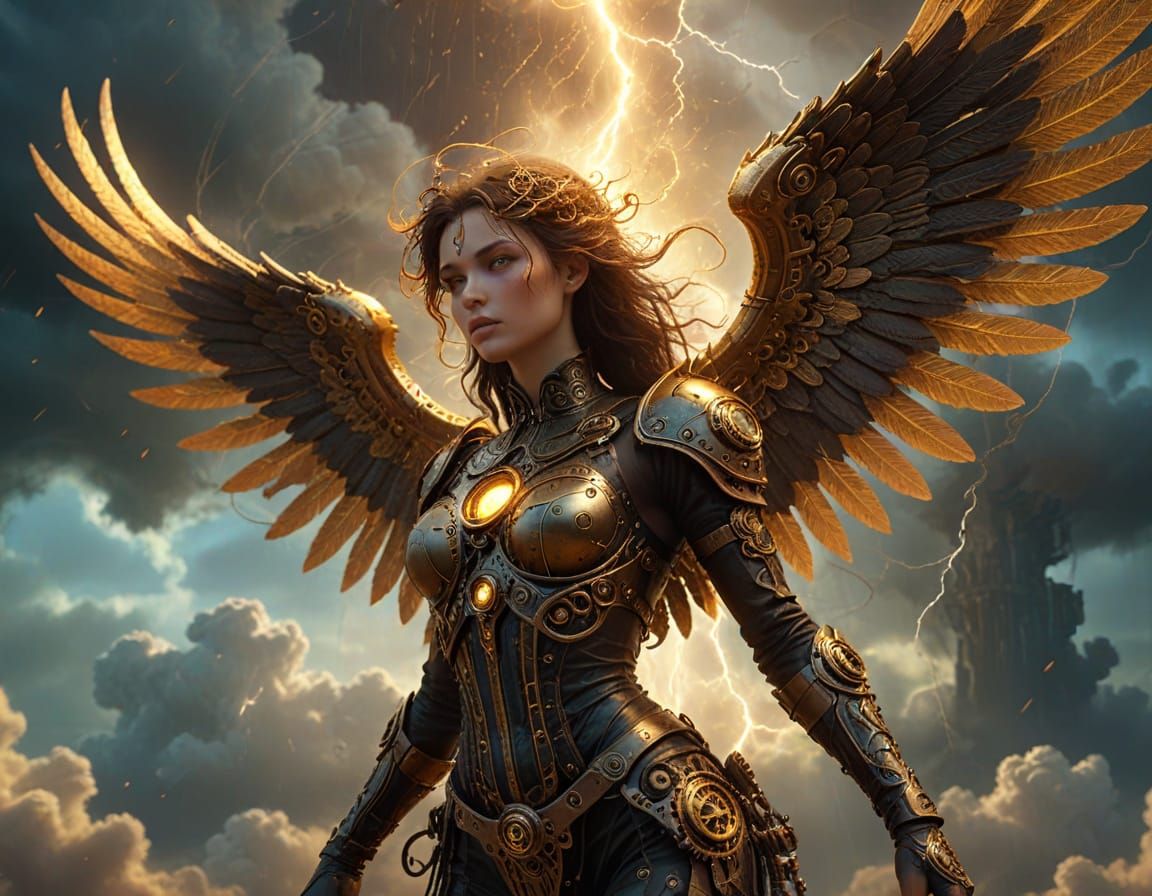Steampunk Angel Amidst Swirling Clouds