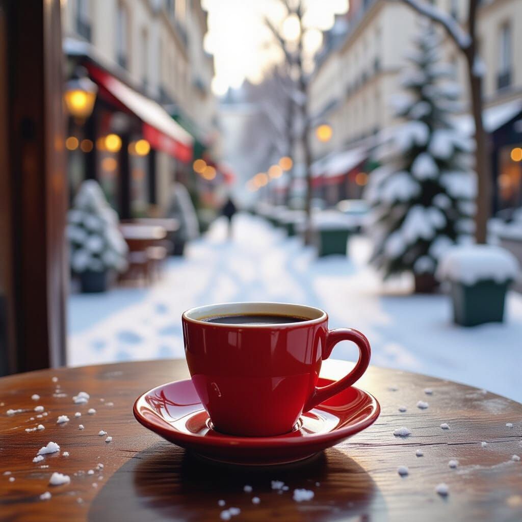Espresso Cup in Snowy French Cafe with Green Accents