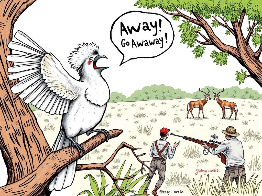 Grey Go-Away Bird Warns Antelope: Storybook Illustration