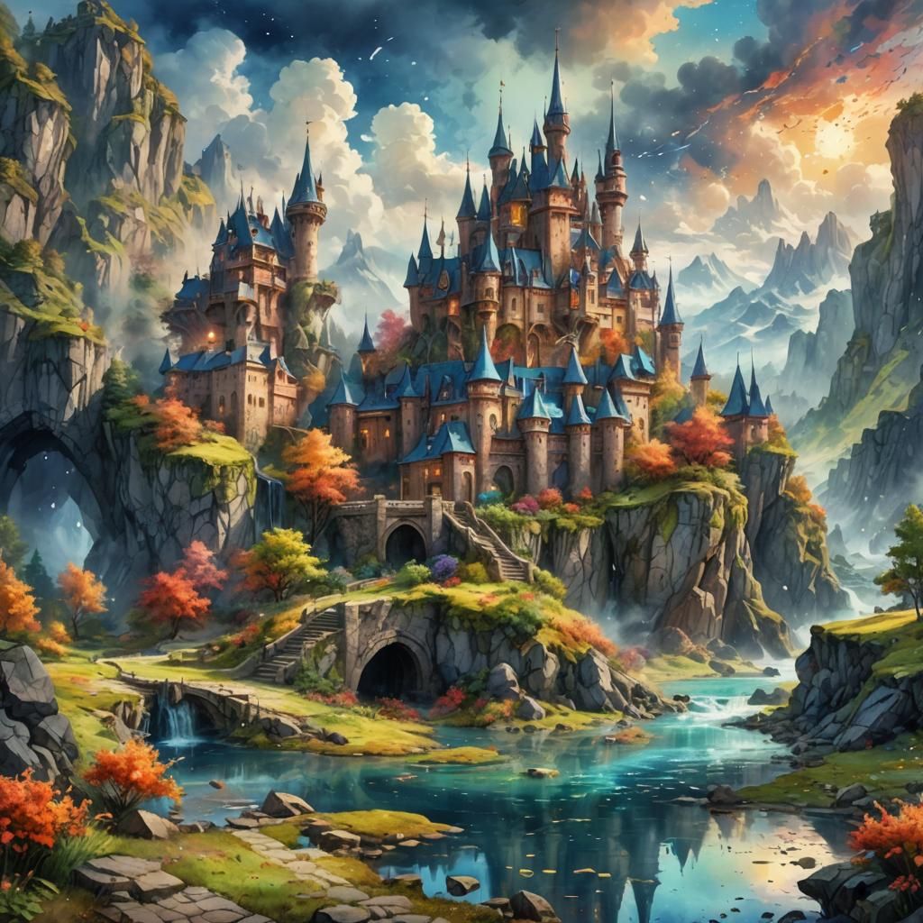 Fantasy Castle in Watercolor Fairytale Landscape