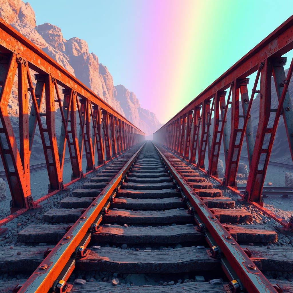 Rainbow Illuminated Railway in Futuristic Landscape