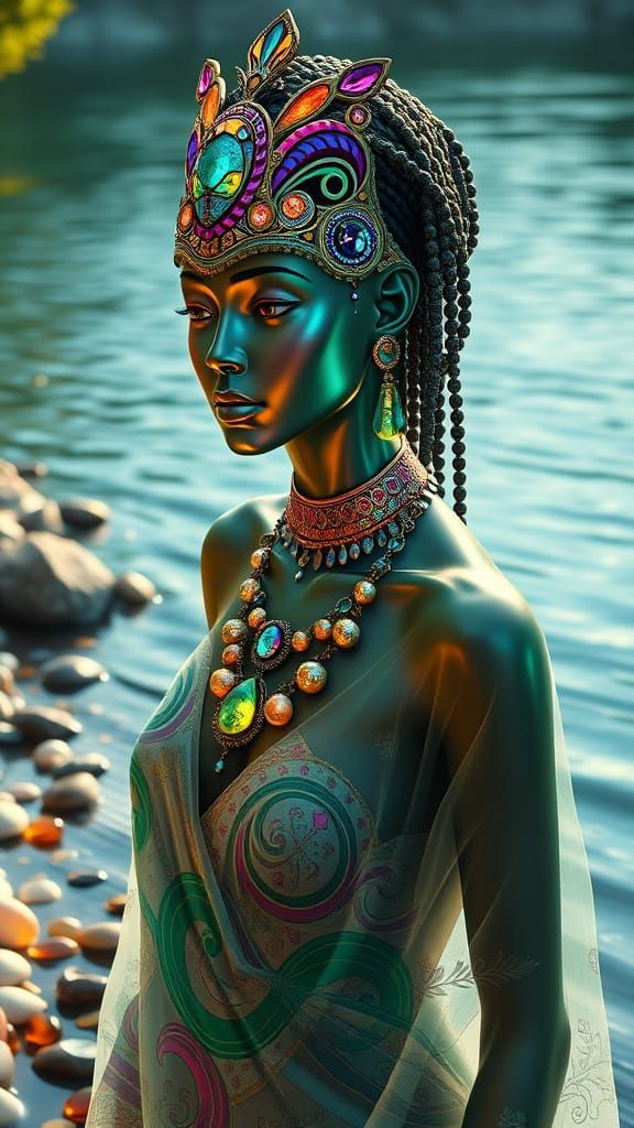 Android River Goddess in Iridescent Skin with Ethiopian Mask