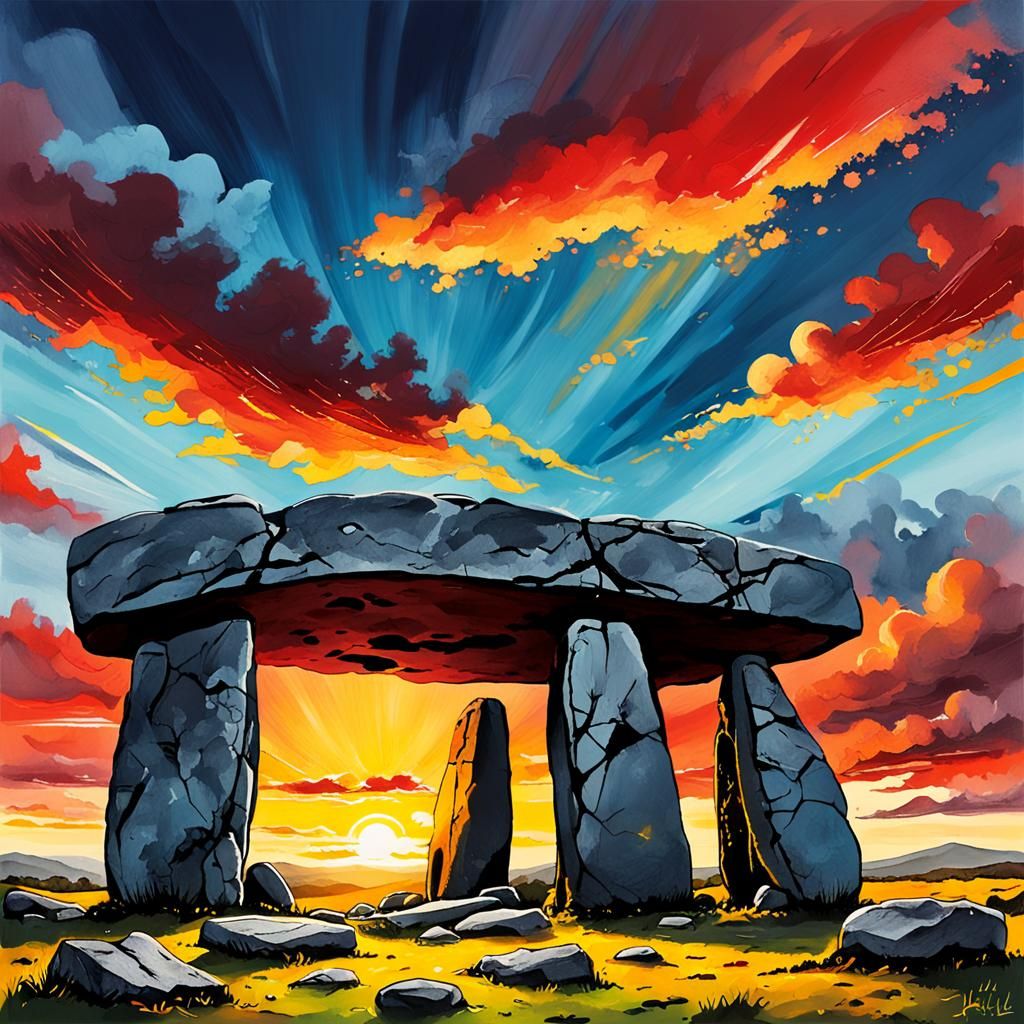 Dolmen Silhouette at Sunset: Alcohol Ink and Pencil Art