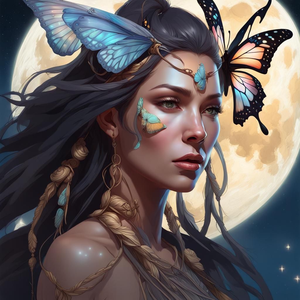 Butterfly-Winged Shaman-Angel Portrait in Hyperdetailed Styl...