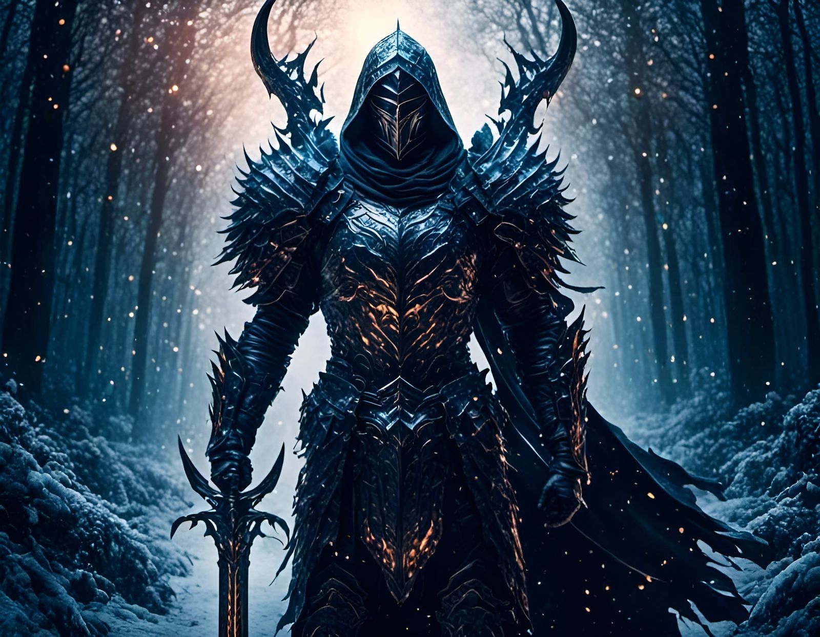 Hunter with Ice Bow in Forest Landscape