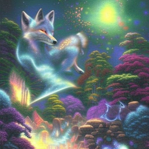 Blue Fox in Cosmic Infinity: Ethereal Fantasy Art