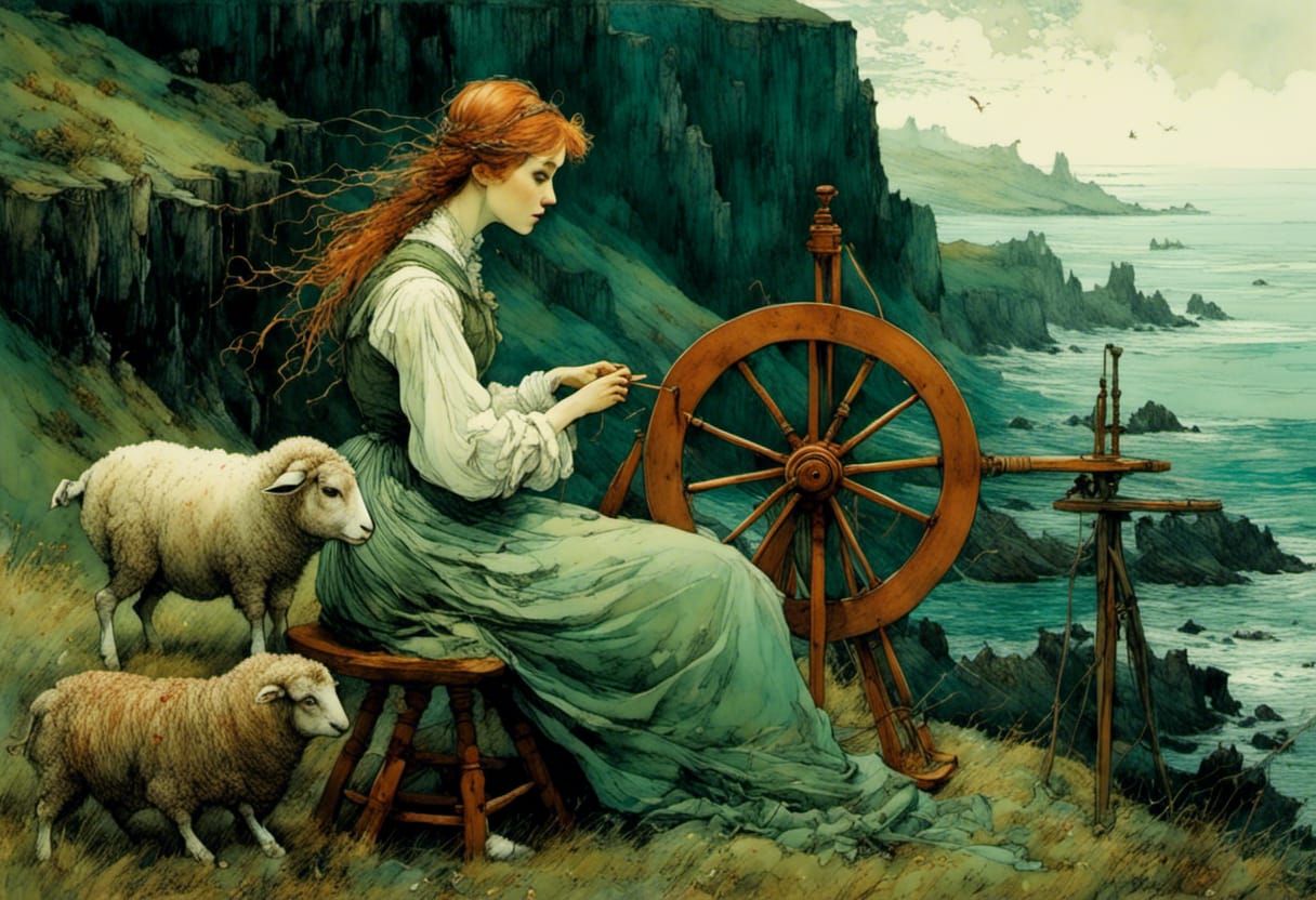 Coastal Spinner with Sheep, Illustrative Art