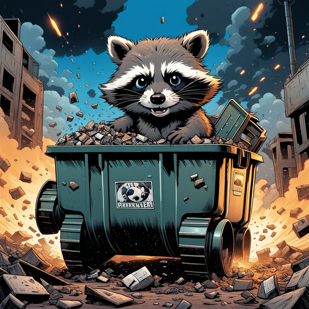 Chibi Raccoon Races Garbage Tank in Apocalyptic Wasteland
