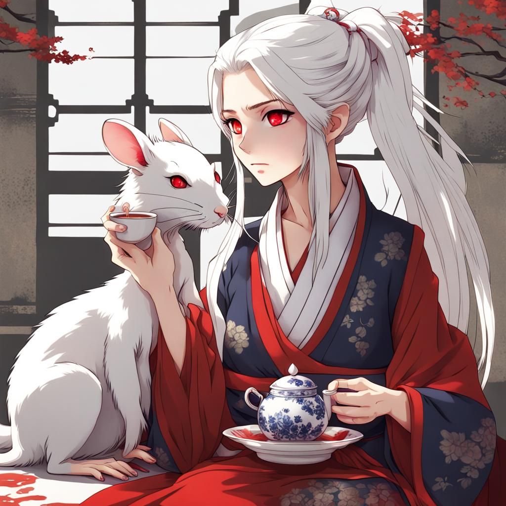 Anime Girl in Hanfu Drinking Tea