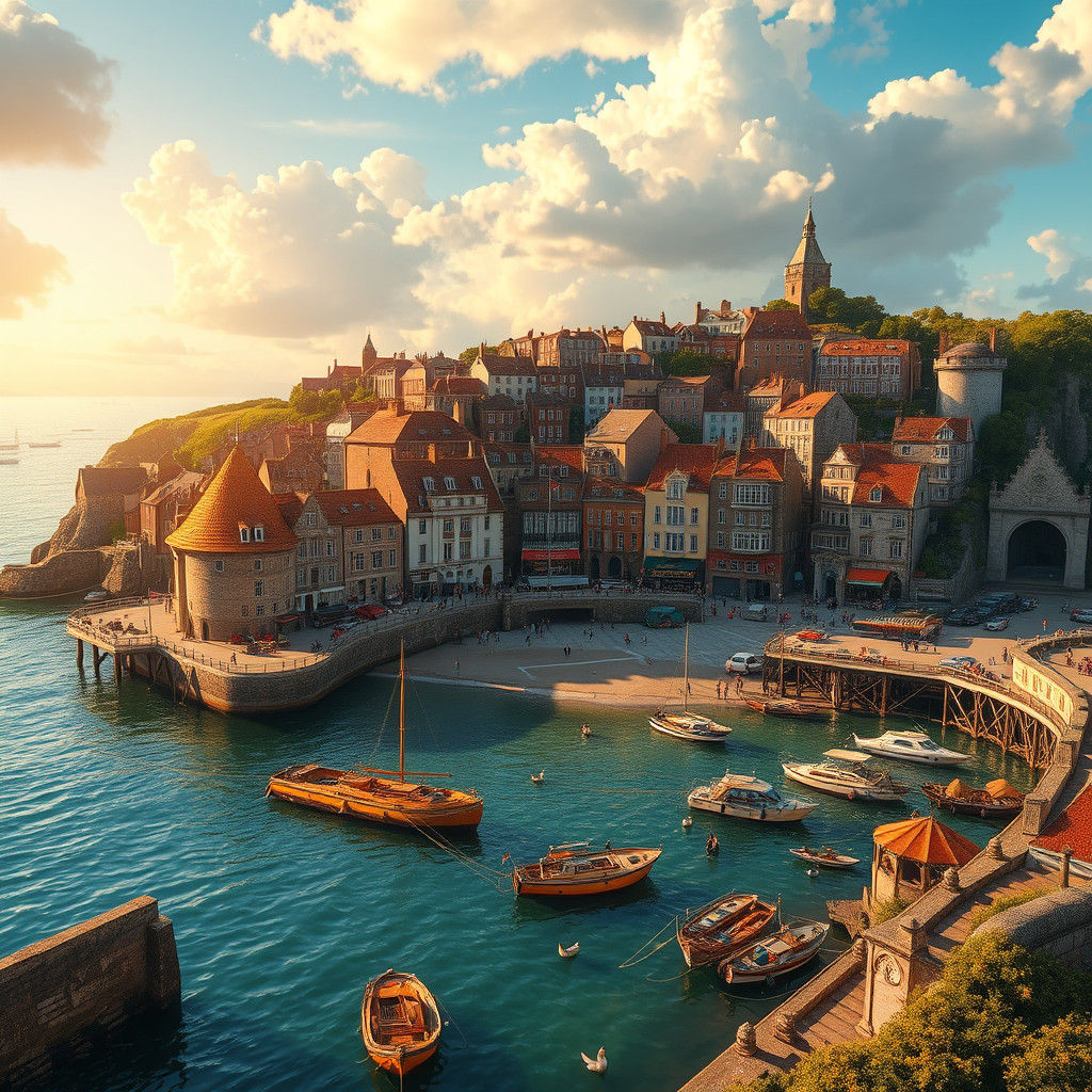 Colorful Seaside Town in Summer, Fantasy Concept Art