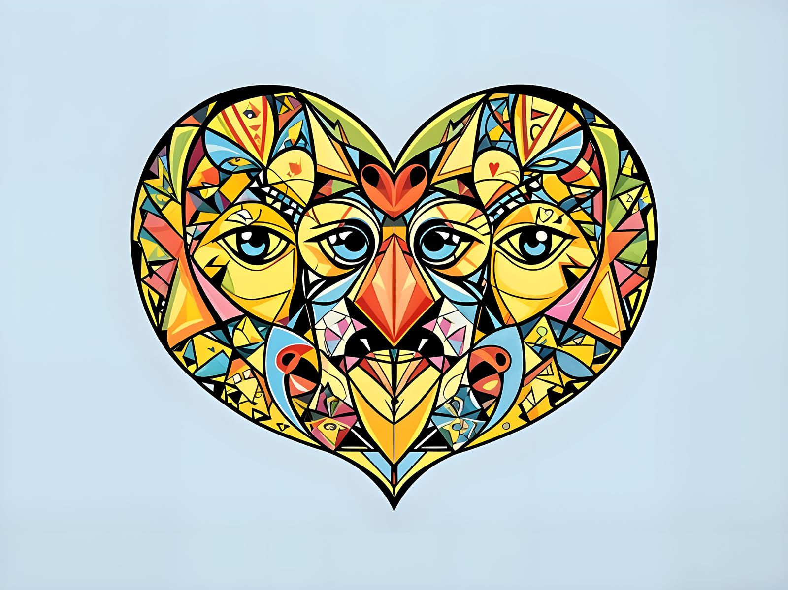 Enchanted Folk Heart Cubist Painting in Art Deco Style