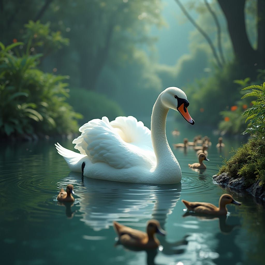 Majestic Swan Soars in Serene Creek Scene