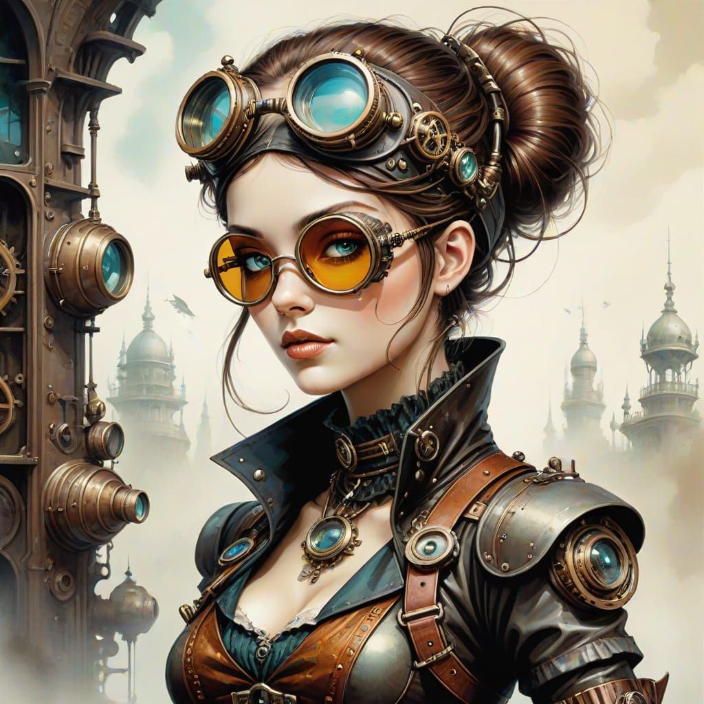 Whimsical Steampunk Scene with Goggles and Elegant Glamour
